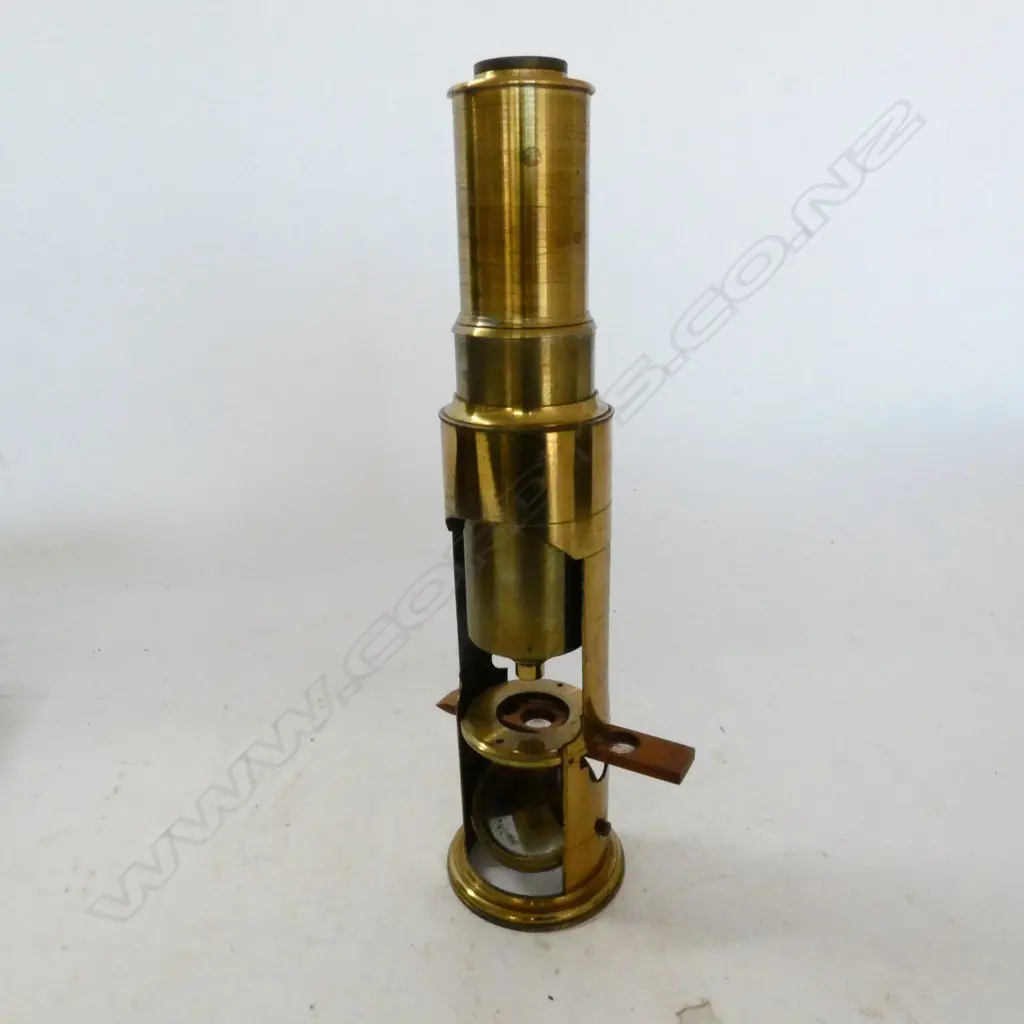 LACQUERED BRASS DRUM MICROSCOPE, c.1850, COMPLETE IN BOX w LENSES, STAGE BULLSEYE, INSECT CLIPS, SLIDES, ETC. Image 1++